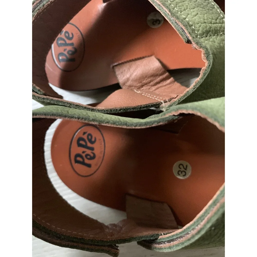 PePe Kids Olive Green Leather‎ Sandals Made in Italy Size 32 EU Hook Loop Straps